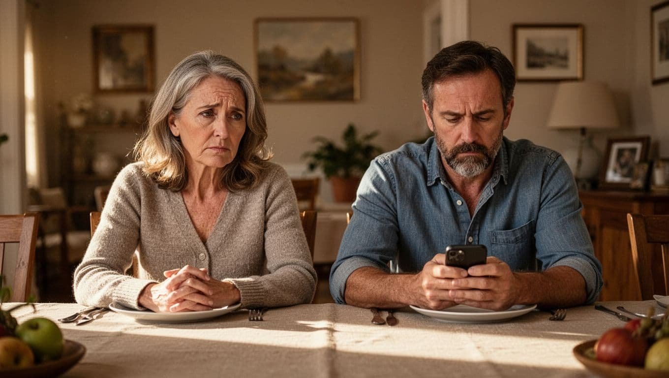 Middle-aged wife shows subtle sadness at dinner table while husband focuses on phone, ignoring her in cozy dining room.