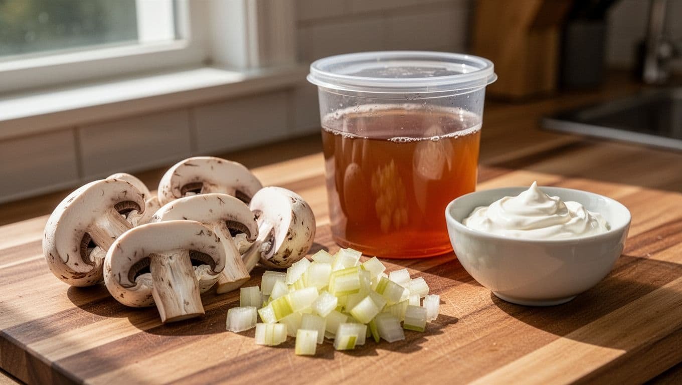 Close-up of sliced white mushrooms, diced yellow onion, beef broth carton, and sour cream bowl on wooden counter.