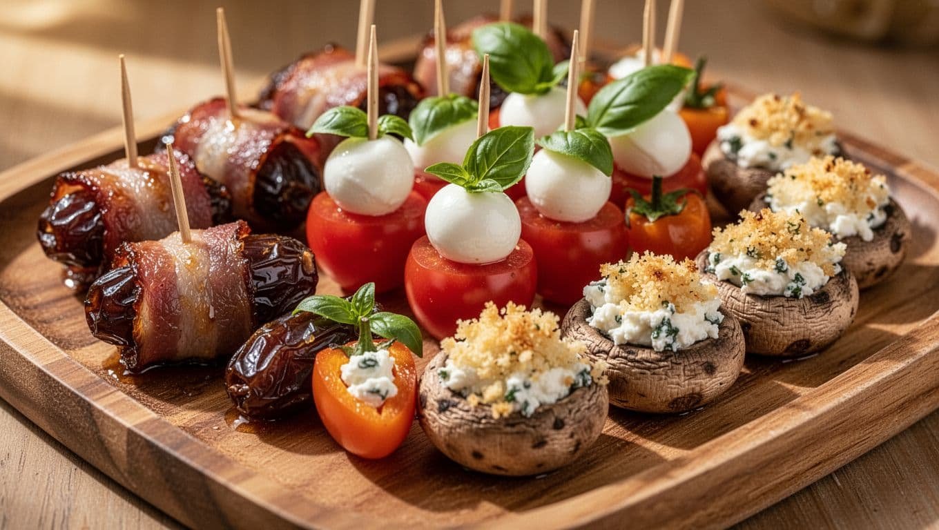 Tray holds bacon-wrapped dates, caprese skewers with mozzarella tomatoes and basil, goat cheese-stuffed mini peppers, and breadcrumb-stuffed mushrooms.