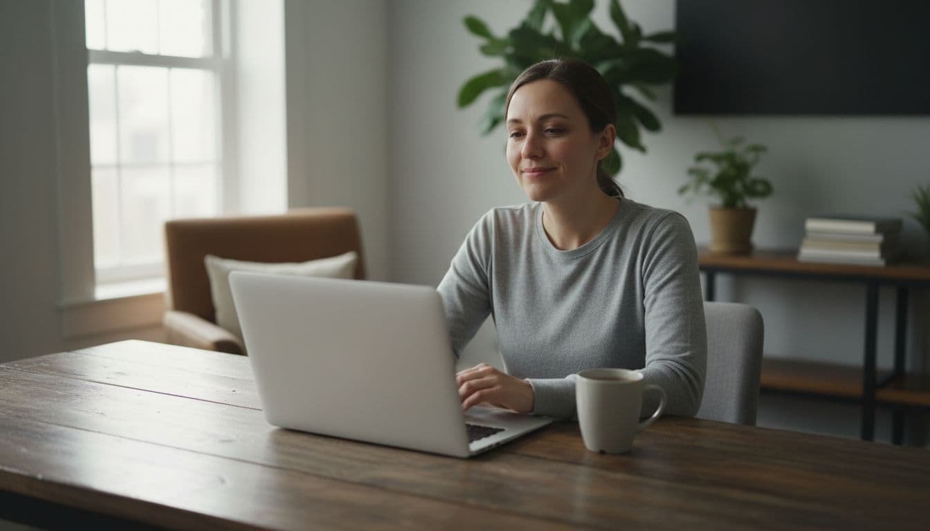 Adult slumped at wooden desk in sunlit home office, tired eyes with dark circles, faint smile at open laptop, coffee mug nearby.