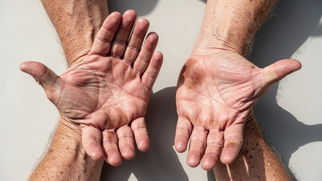 Close-up of two middle-aged hands showing subtle darkening on knuckles, finger creases, palm lines, and inner elbows.