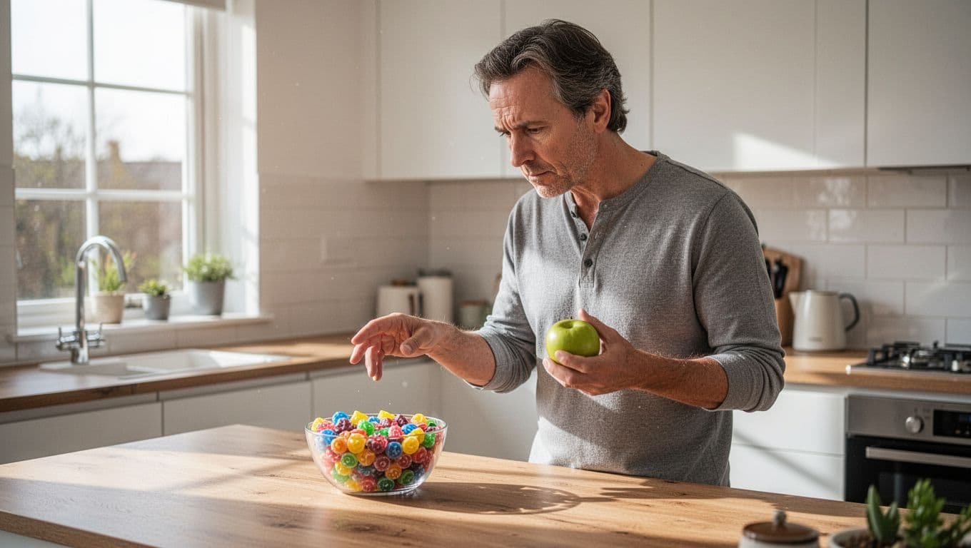 Mid-30s person in bright kitchen eyes colorful candies intensely, hand reaching hesitantly while holding green apple.
