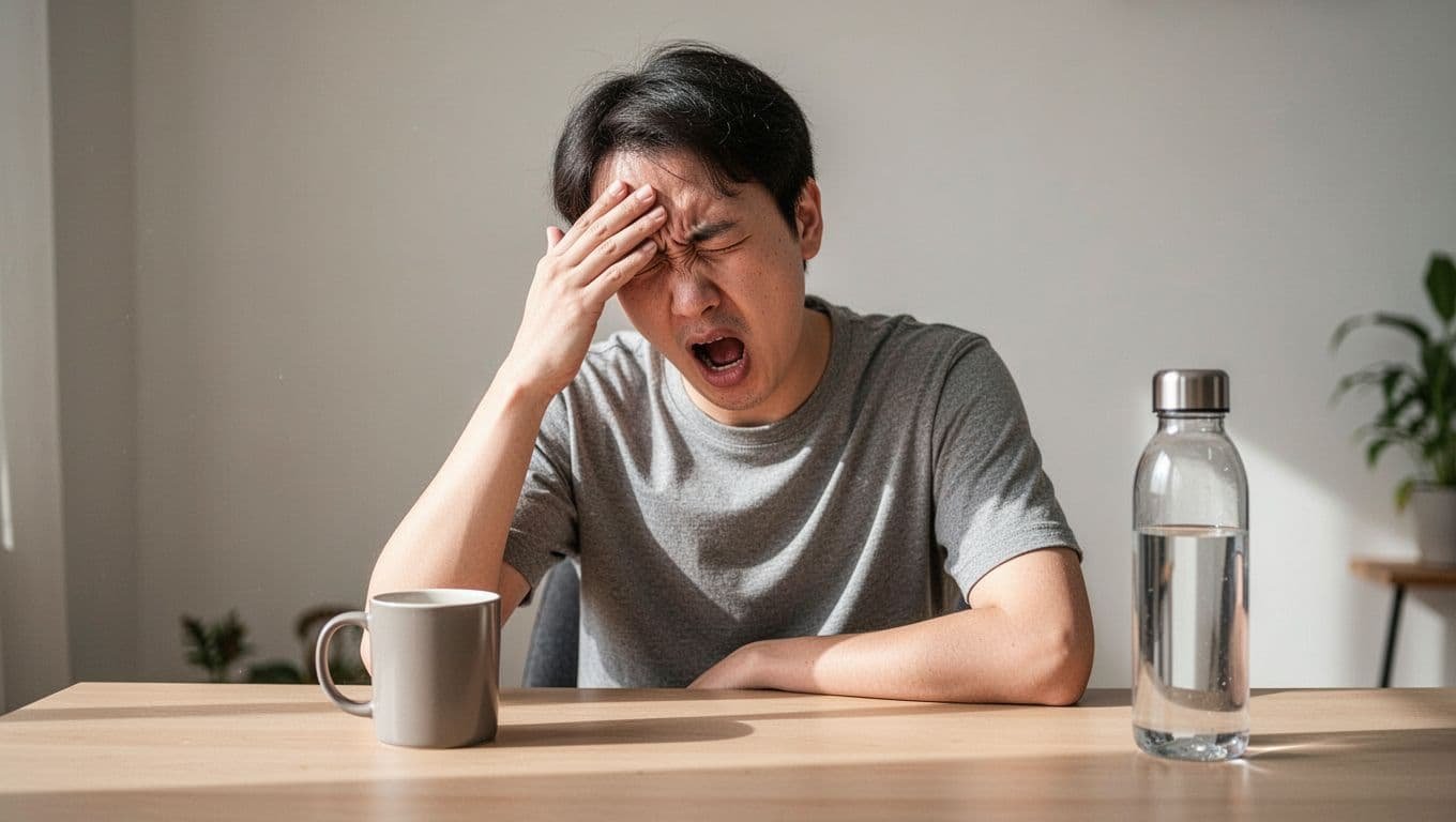 Person sits at home desk rubbing forehead, yawning tiredly with frustrated expression, coffee mug and water bottle nearby.