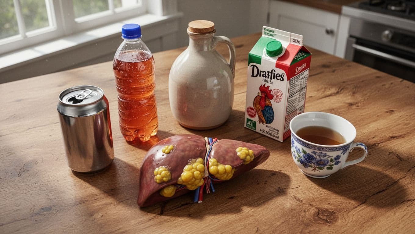 Five colorful sugary drinks on wooden kitchen table next to human liver model with yellow fatty deposits.