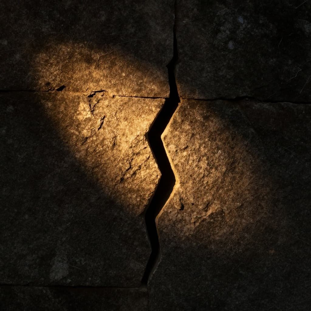 A ray of golden sunlight streams through a jagged crack in a dark, weathered stone wall.