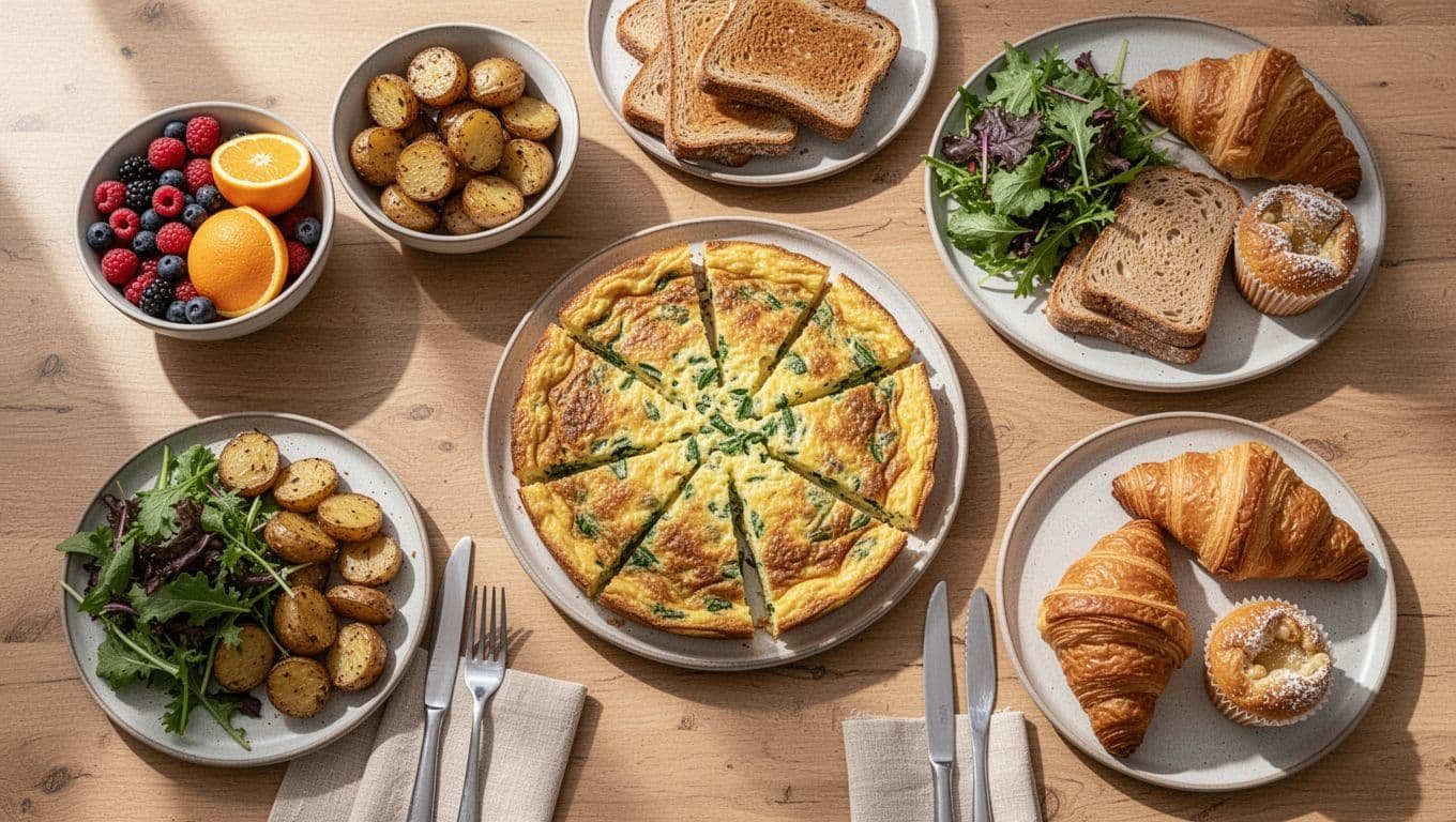 Top-down view of sunlit wooden table with central sliced golden frittata surrounded by fruit bowl, roasted potatoes, green salad, toast, croissants, and muffins.