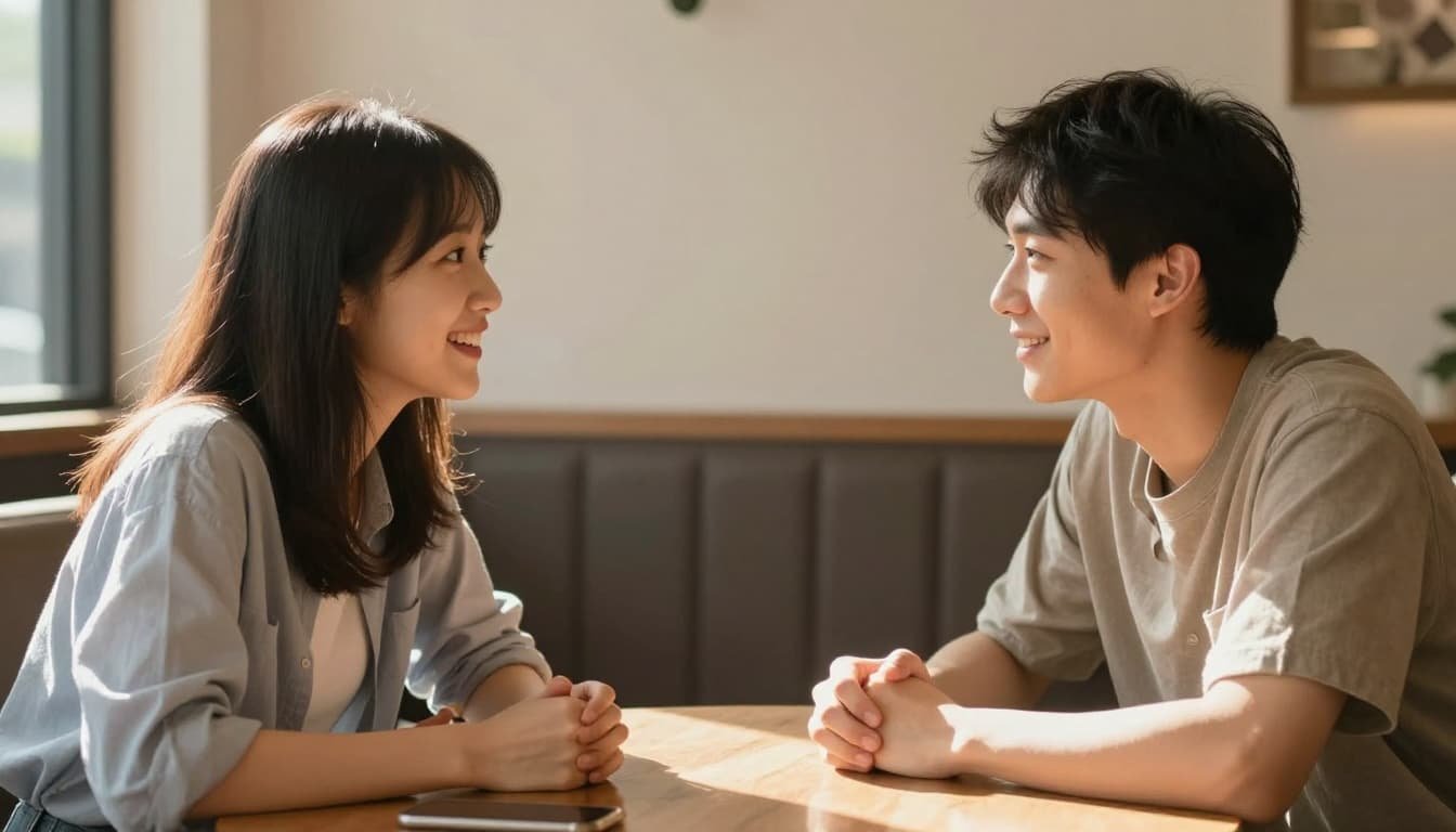 Two people face each other in a sunlit cafe booth, leaning forward with hands on the table, one smiling.