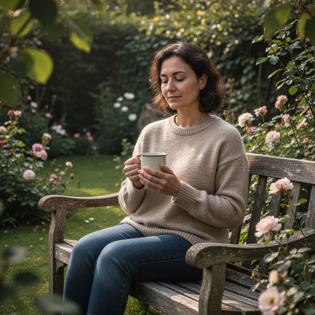 A person sits in a sunlit garden holding a mug.