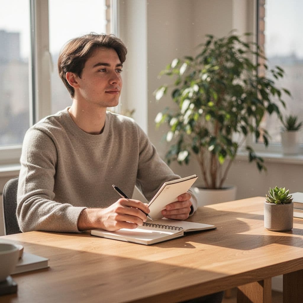 Notebook and pen on wooden desk in sunlit home office, houseplant by window.