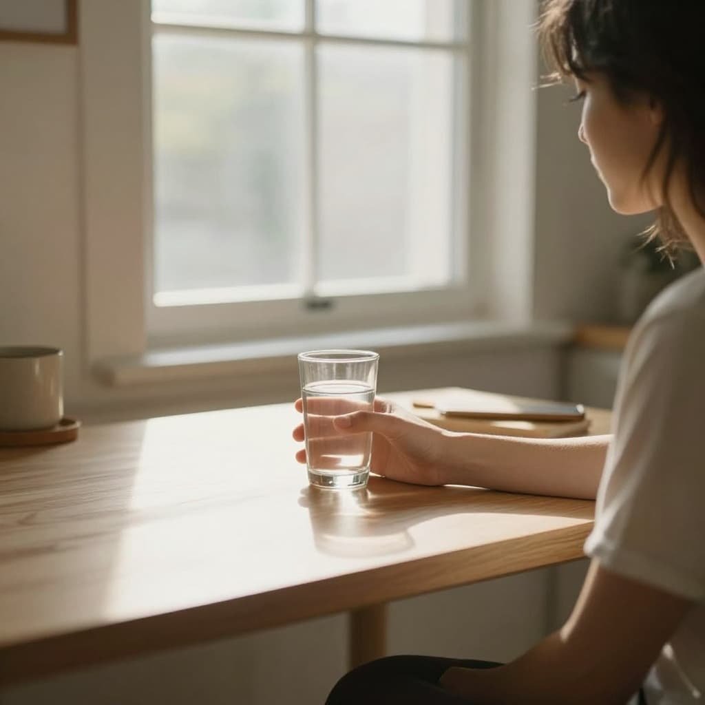 One person sits at a bright kitchen table holding a glass of water, sunlight streaming through the window.