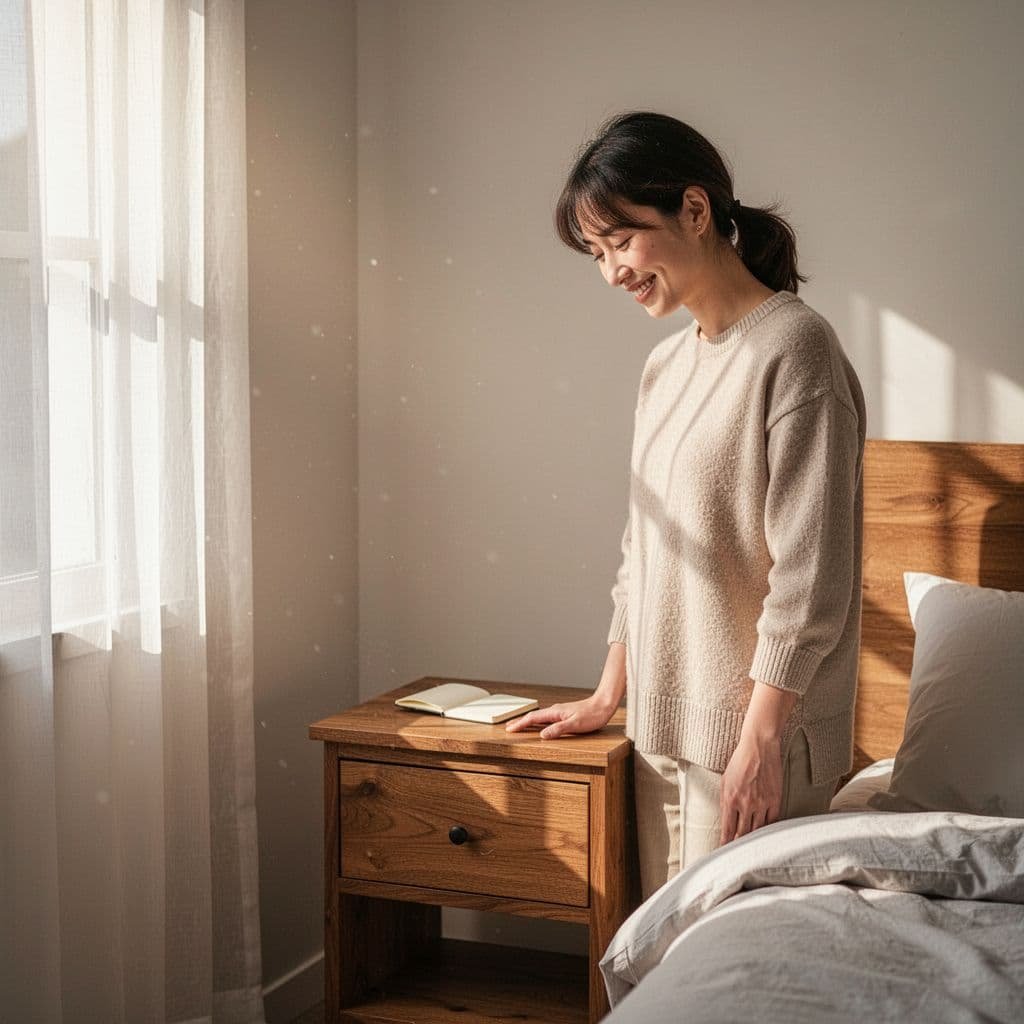 Person smiling at journal on wooden nightstand in sunlit cozy bedroom.