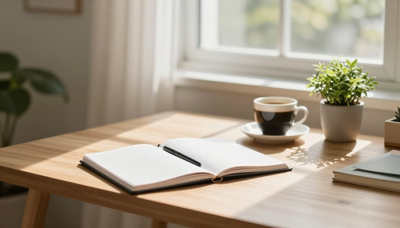 Wooden desk with notebook, open planner, coffee cup, and potted plant in sunlit room.