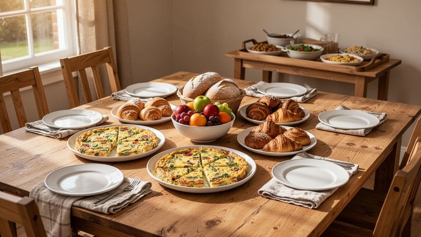 Sunlit wooden table set family-style with frittata, fruit, pastries, bread platters, napkins, plates, and nearby buffet tray.