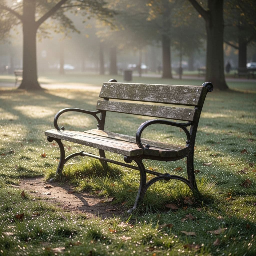 Sunlit park bench in early morning with dew on grass.