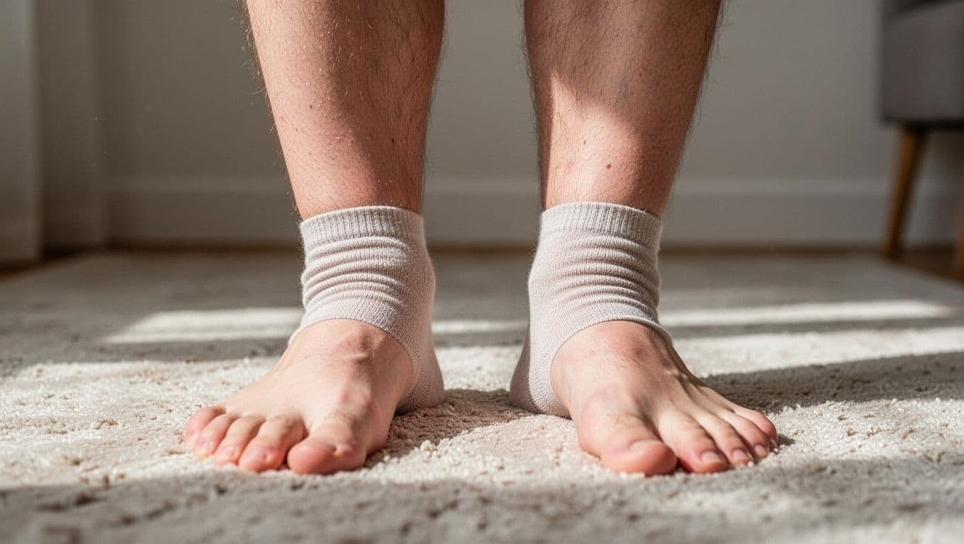 Lower legs and ankles with mild swelling, puffiness, and sock marks, standing barefoot on carpet.