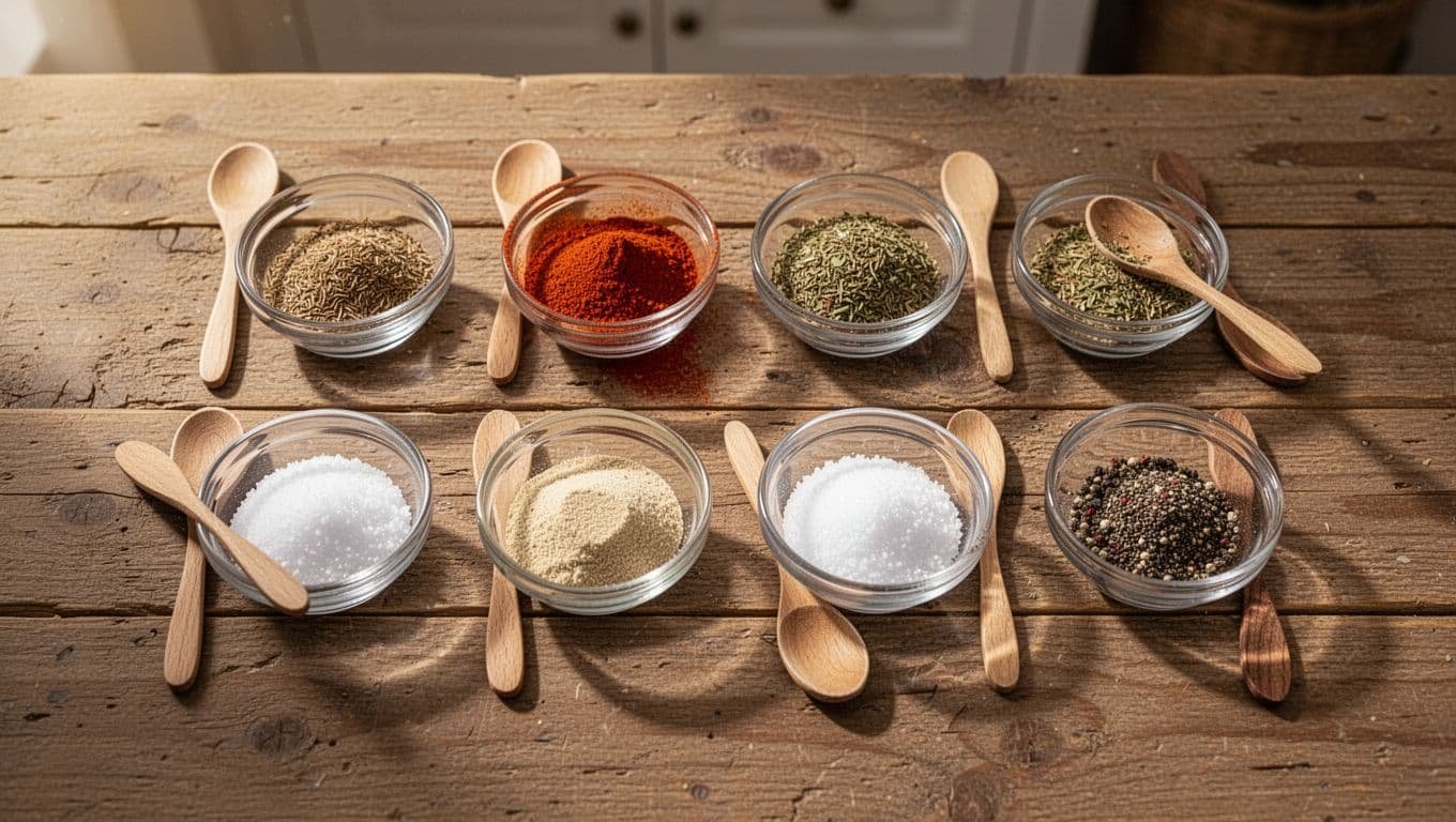 Six small glass bowls of cumin, chili powder, oregano, garlic powder, sea salt, and black pepper on rustic wooden table with spoons beside each.