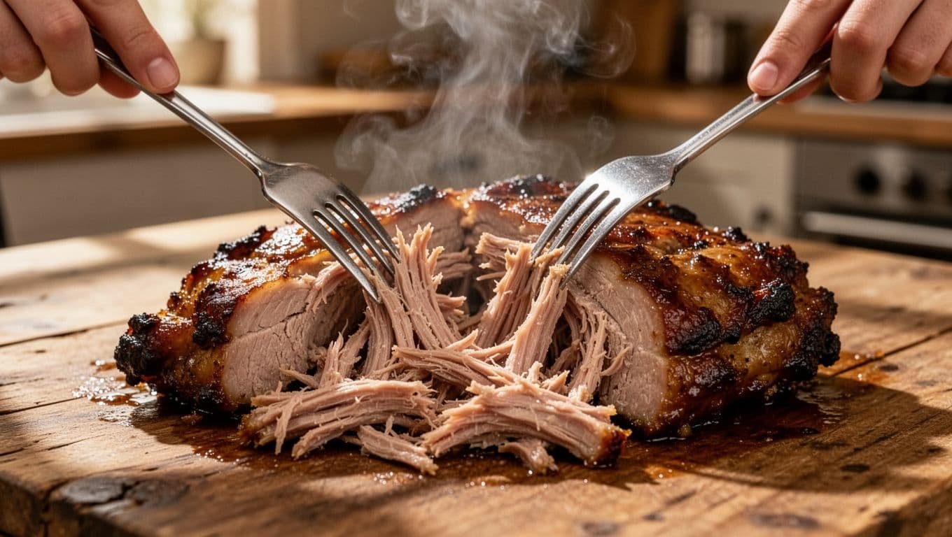 Close-up of steam rising from tender pulled pork in slow cooker, forks pulling apart meat on wooden table.