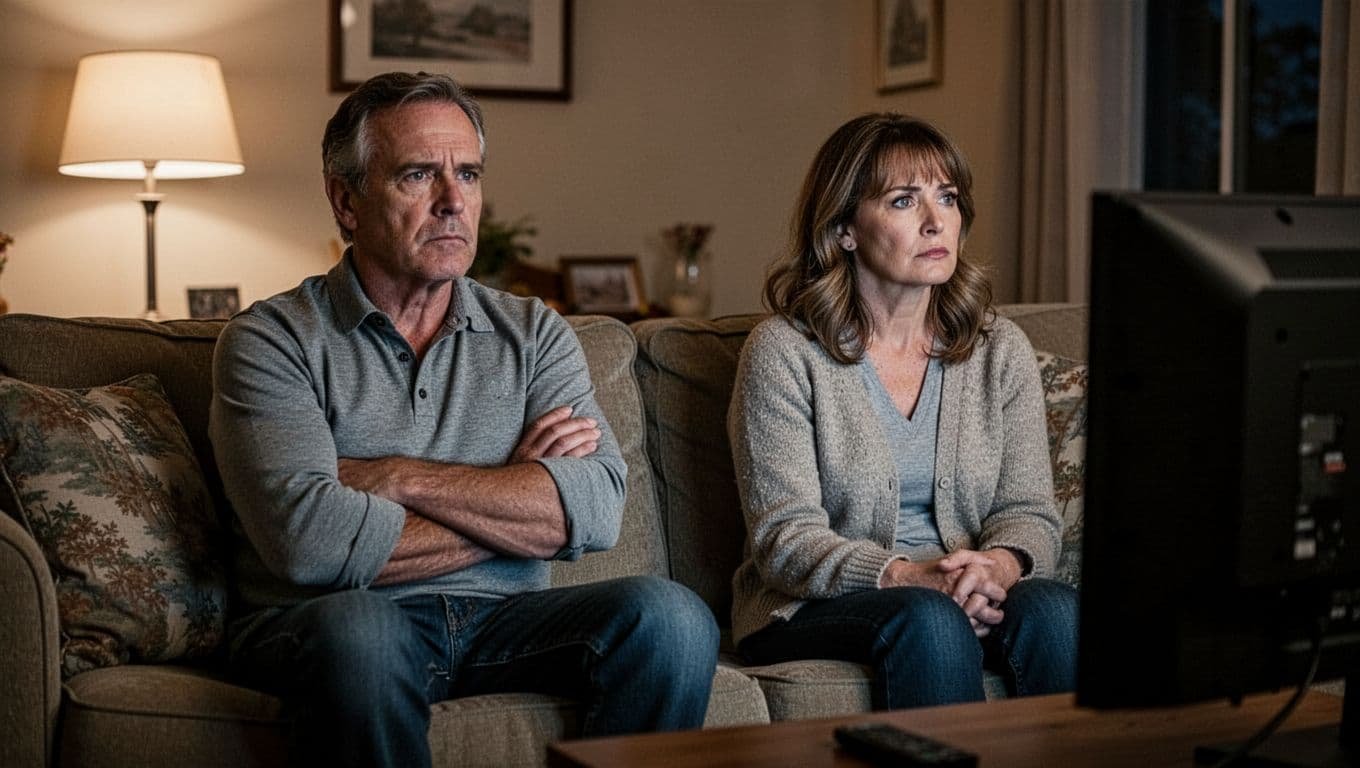 Middle-aged couple sits with space on living room couch watching TV under soft lamp light.