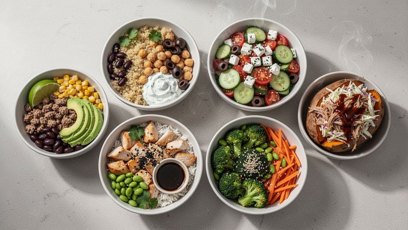 Top-down view of four meal prep bowls on kitchen table: Mexican taco, Mediterranean quinoa, Asian rice, BBQ sweet potato.