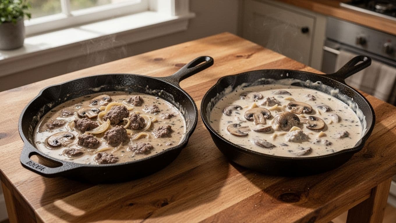Two skillets side by side on wooden table: thin watery stroganoff sauce next to thick creamy version with mushrooms and beef.