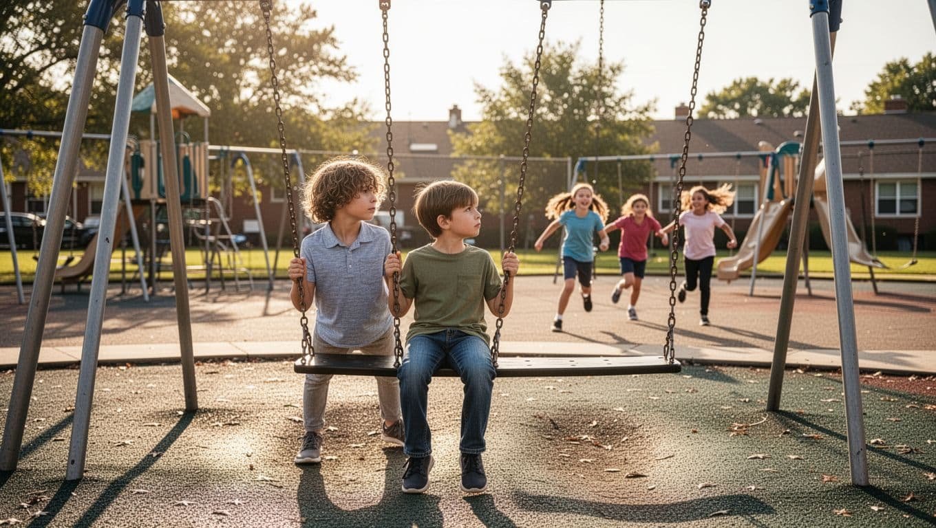 9-year-old child sits alone on swing looking thoughtful while other kids play tag in background.