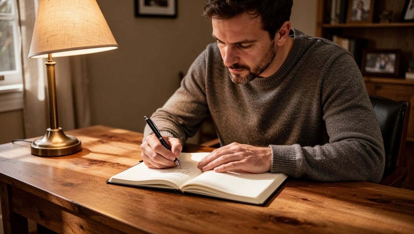A man sits at a wooden desk in a cozy home office, writing in an open journal with relaxed hands under warm lamp light.