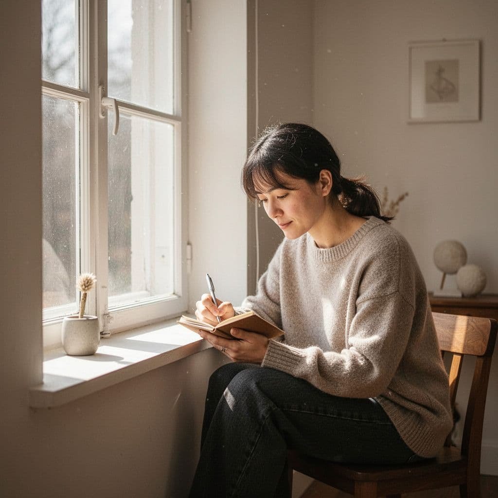 Person sits by window in sunlit minimalist room, writing in notebook.