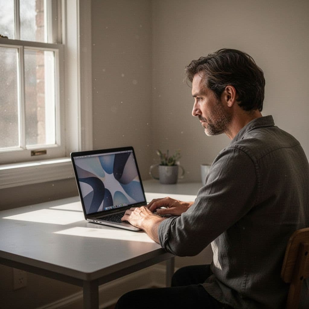 A focused individual sits alone at a desk with a laptop in a softly lit, quiet room.