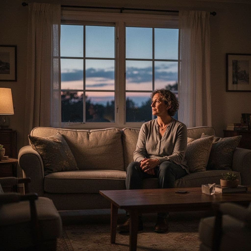 A person sits alone in a softly lit living room, deep in thought during evening twilight.