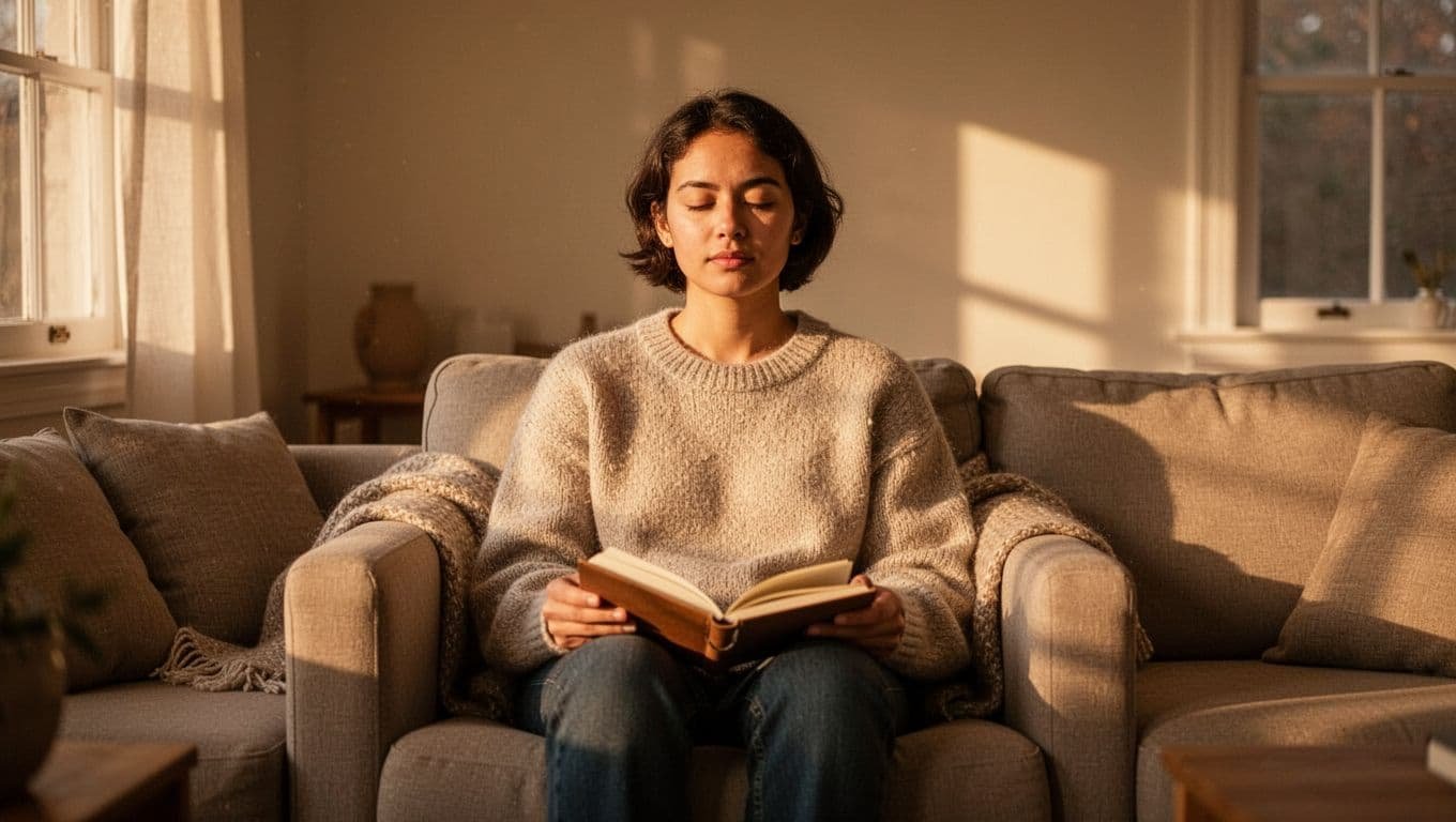 One person sits calmly in a cozy living room with a notebook nearby, soft afternoon light from window.
