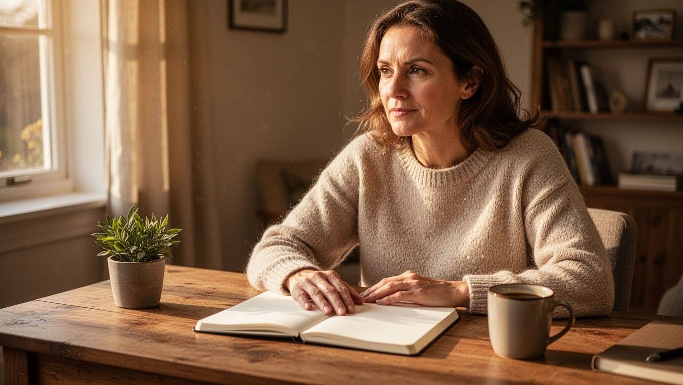 Woman sits at wooden desk gazing at open notebook, hand resting on page, plant and mug nearby in warm-lit home office.