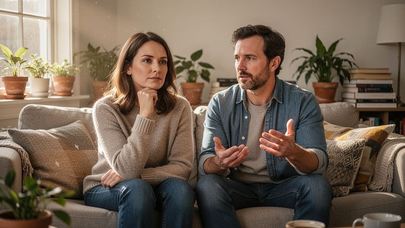Mature woman on couch touches chin thoughtfully as partner gestures in living room.
