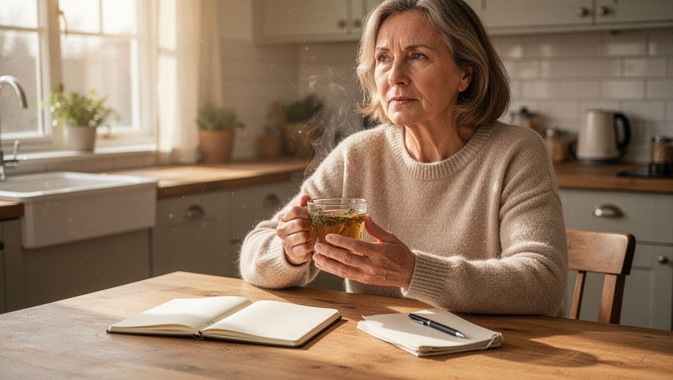 Middle-aged woman sits relaxed at cozy kitchen table, holding herbal tea mug, open notebook and pen nearby, soft morning light.