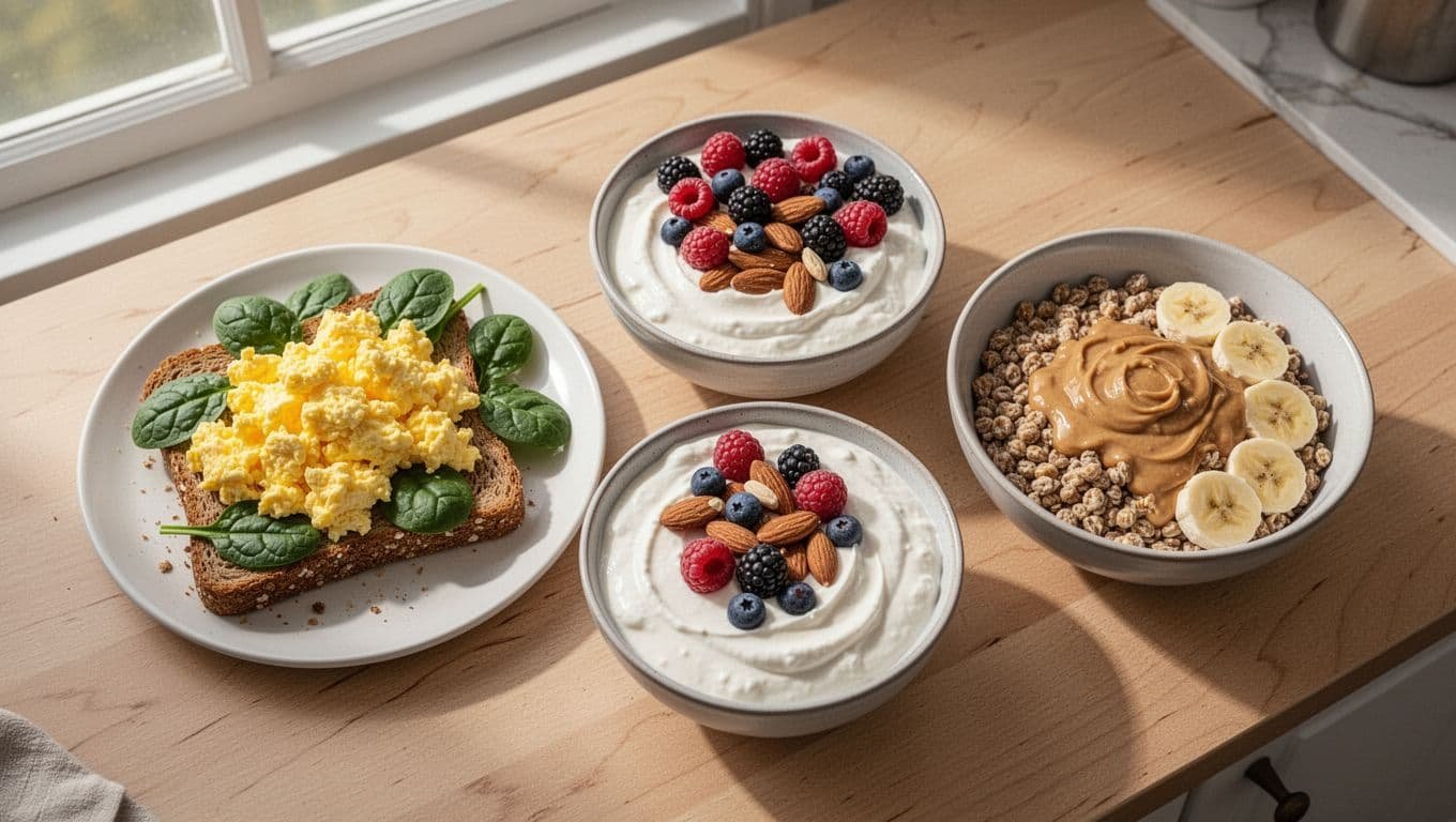 Scrambled eggs on toast with spinach, Greek yogurt with berries and almonds, and peanut butter oats with banana slices on a light wooden table.
