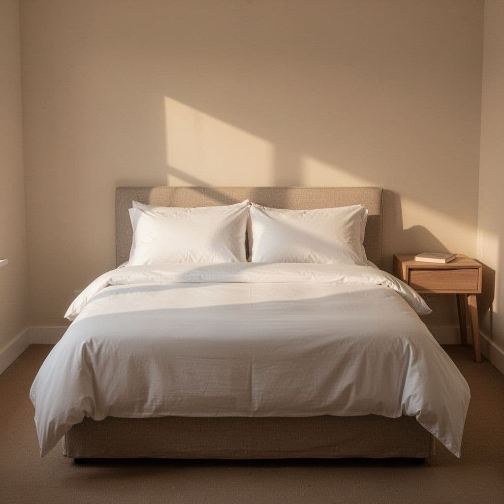 Tidy bedroom shows neatly made bed with minimalist decor under warm soft lighting.