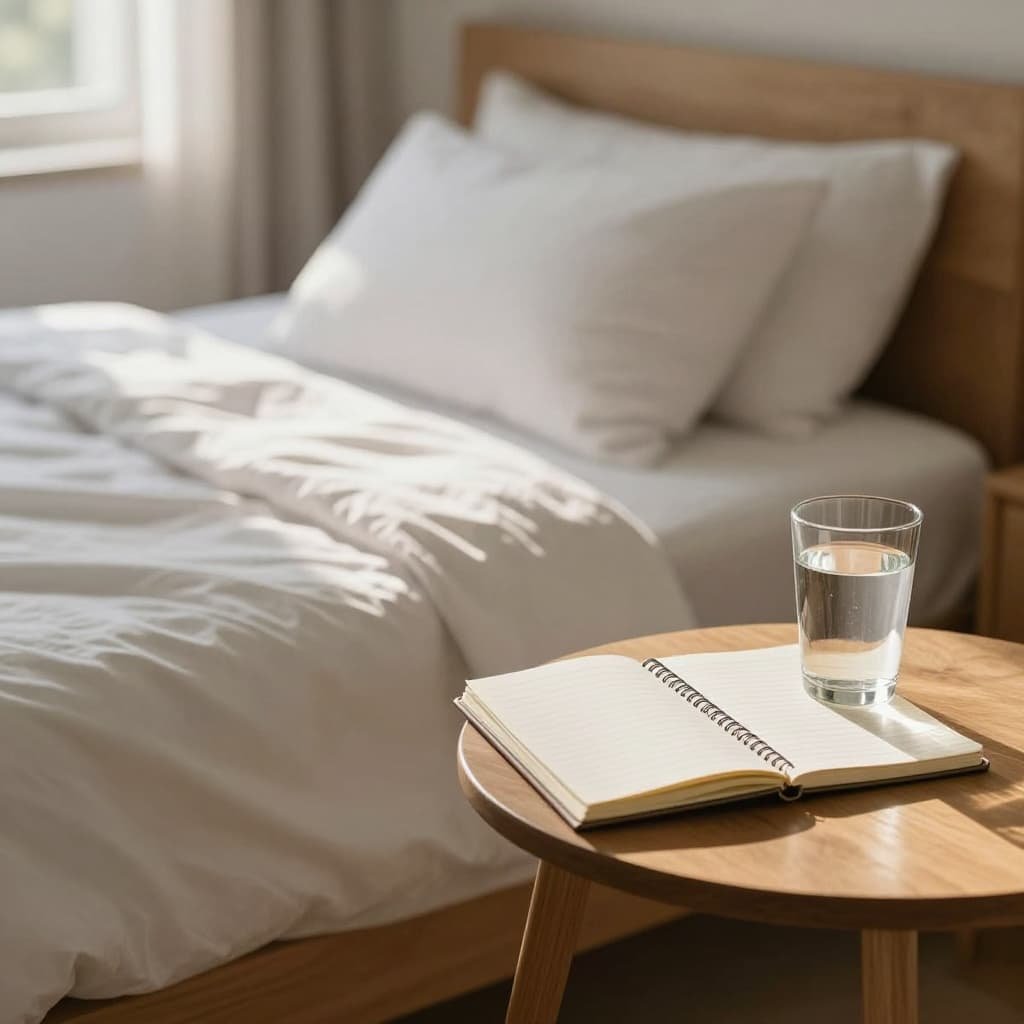 Neatly made bed with glass of water and notebook on side table in sunlit bedroom.