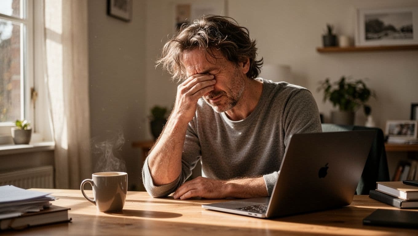 Tired adult sits at home office desk, rubbing eyes with one hand, messy hair, empty coffee cup nearby.