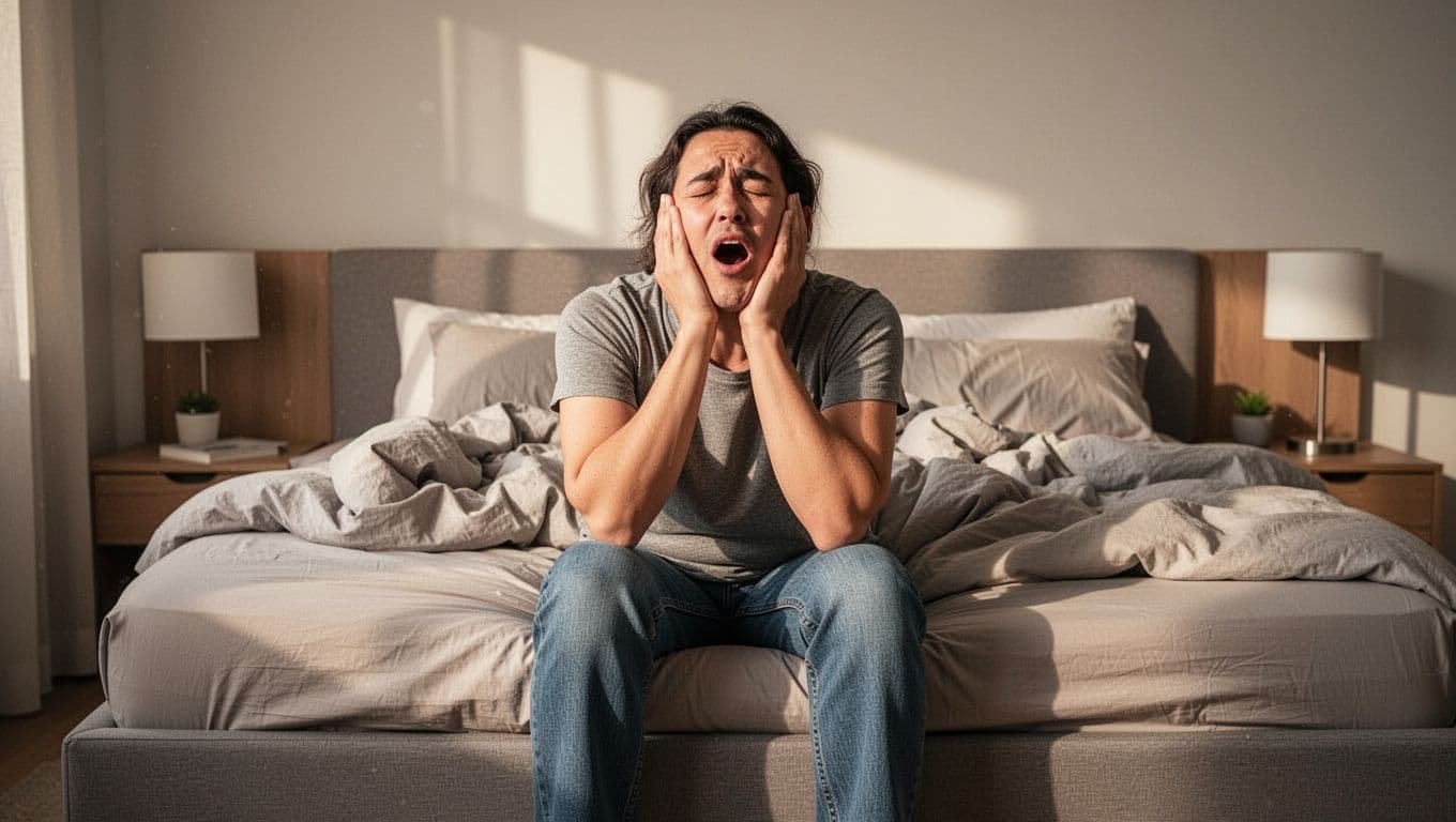 Tired adult sits on bed edge, head in hands yawning sleepily amid rumpled sheets in sunlit bedroom.
