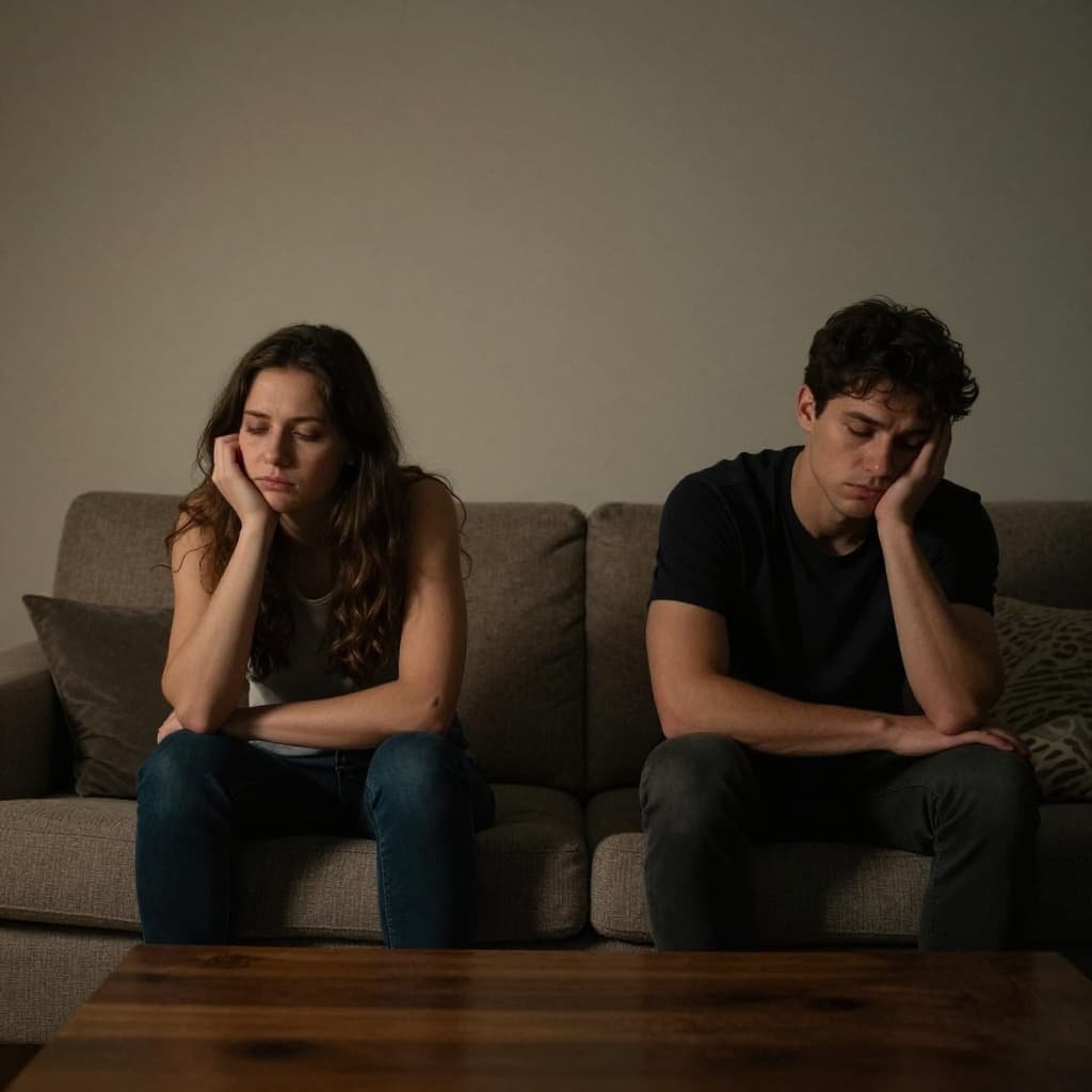 Tired couple sits on sofa in dimly lit living room at night, looking distant.