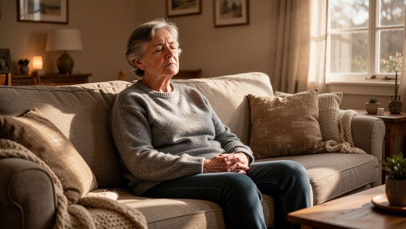 Middle-aged person sits drained on living room couch, hands on lap, soft morning light from window.