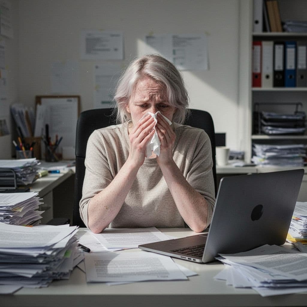 Pale tired person sits at cluttered office desk holding tissue.