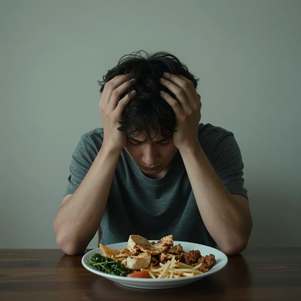 Tired person sits at table with junk food plate in dimly lit room.