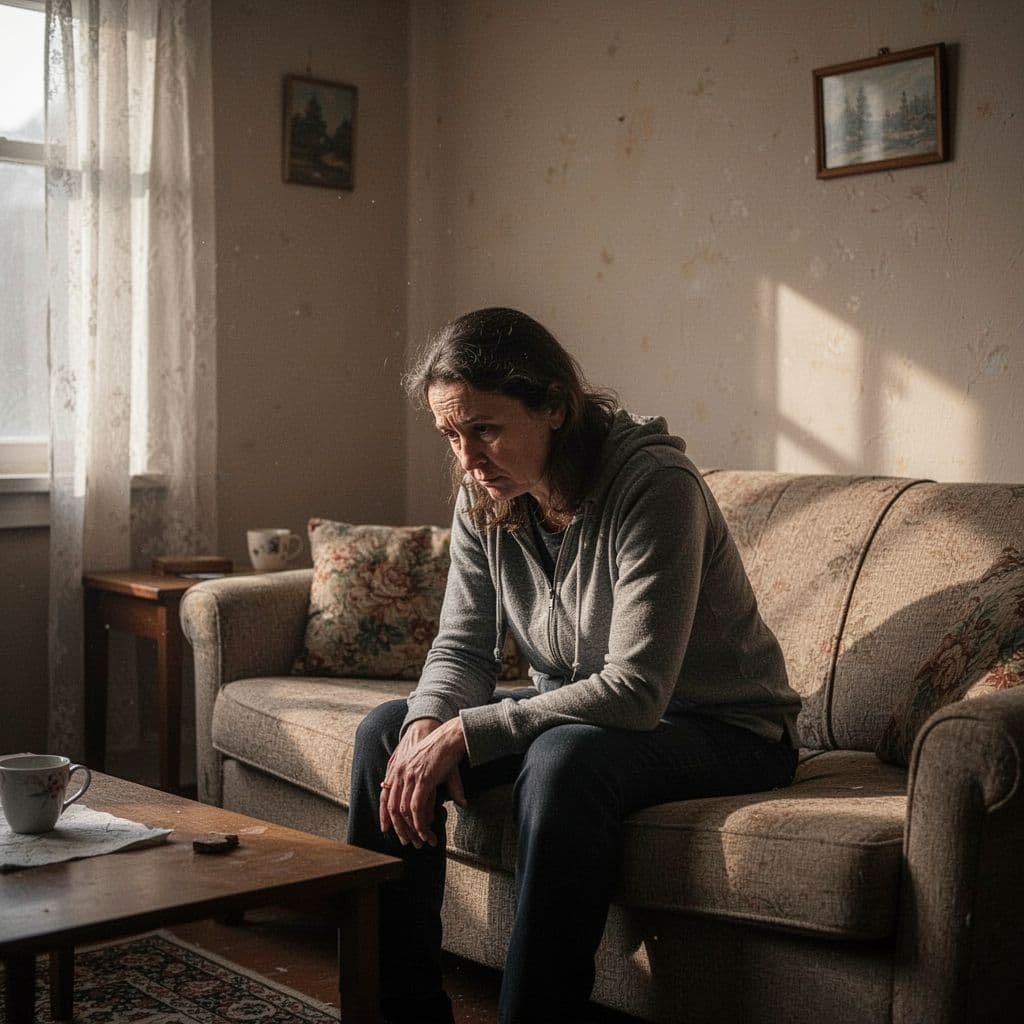 A tired person sits disconnected on a sofa in a simple living room with soft morning light.