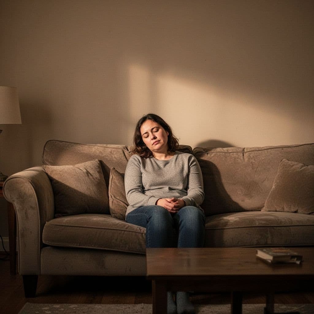 A person sits alone on a sofa in a softly lit living room, looking tired and peaceful.