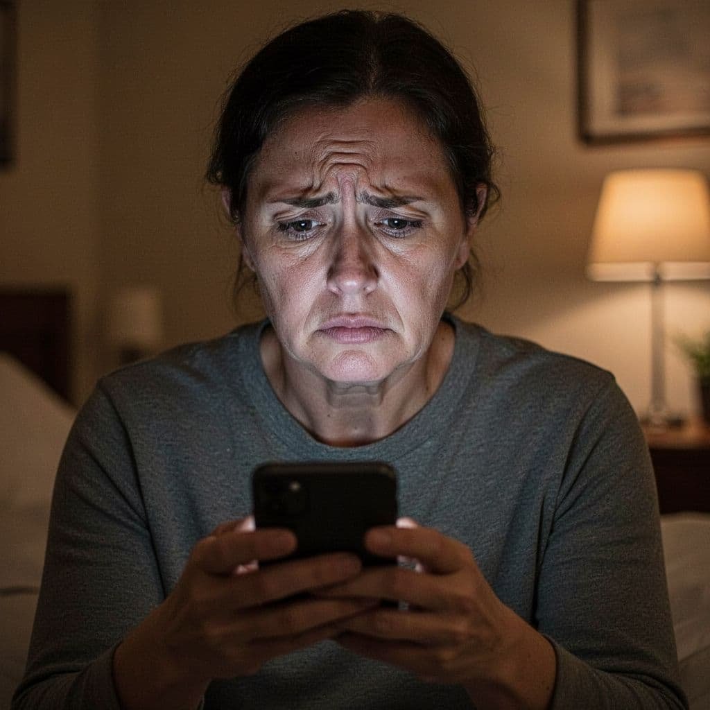 Person with tired stressed expression gazes at smartphone screen in dim indoor light.