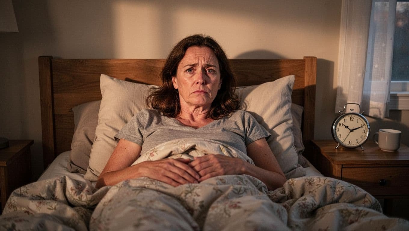 Tired woman in late 30s lies in rumpled bed at 6 AM, eyes open groggily with dawn light filtering through window.