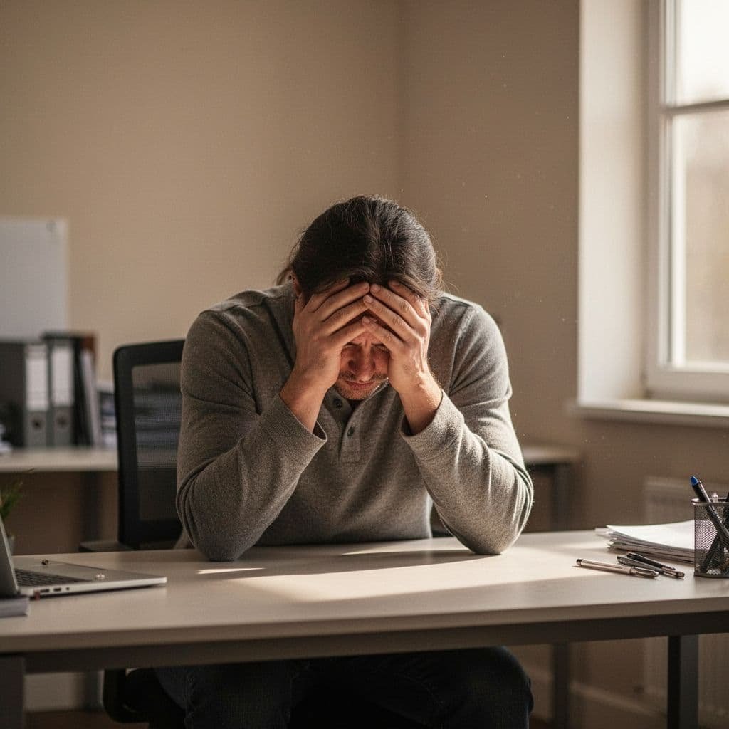 A person sits at a desk with head in hands, looking fatigued.
