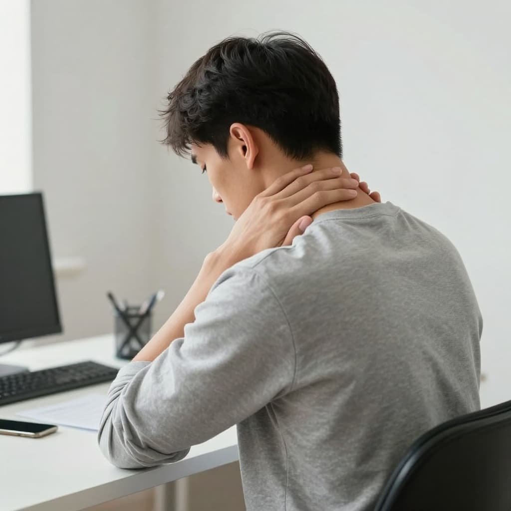 Person sits at desk with hand on back of neck, looking tired in neutral office.