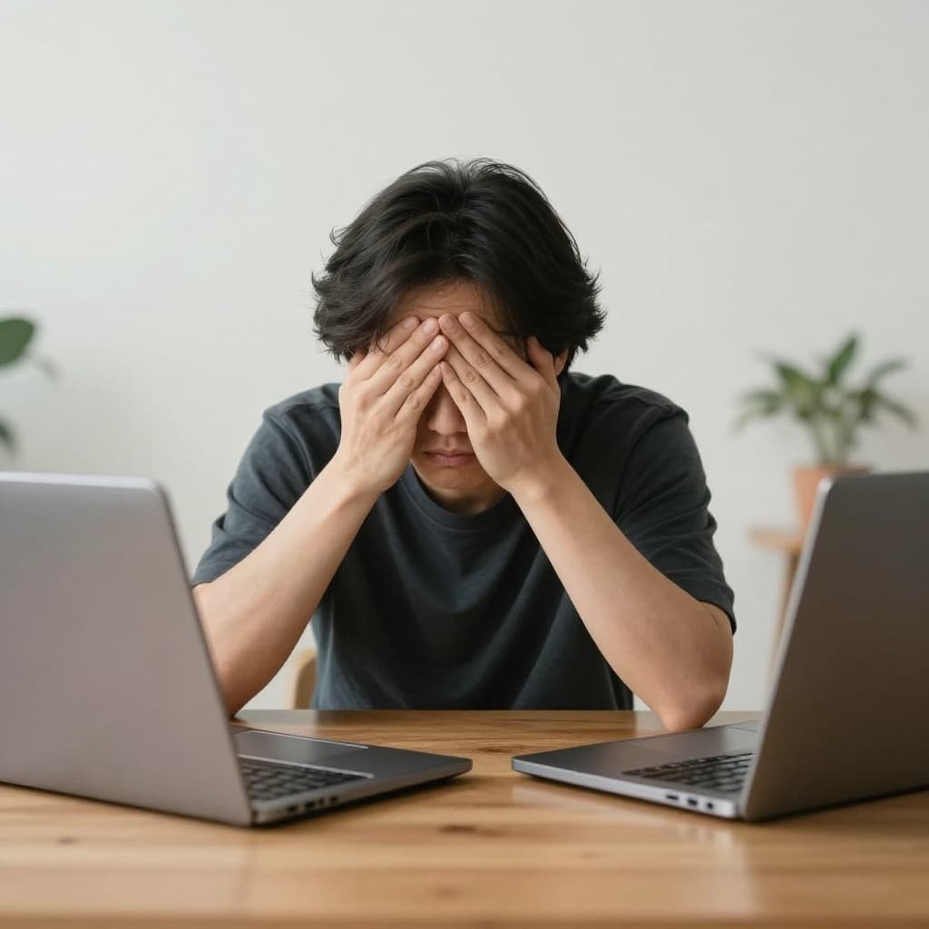 Close-up of a person at wooden desk with laptop, rubbing tired eyes in soft afternoon light.