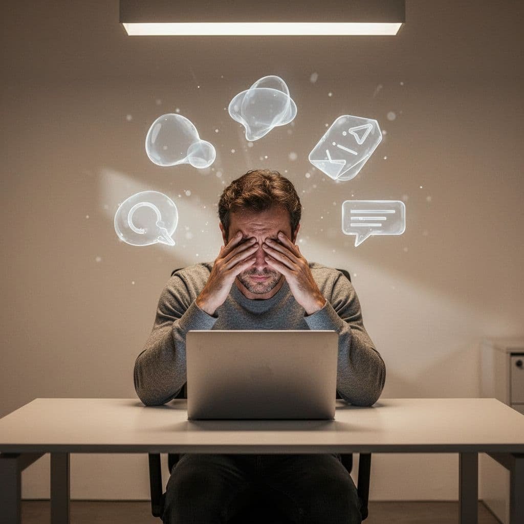 Person at desk with laptop rubs tired eyes while glowing task icons float above.